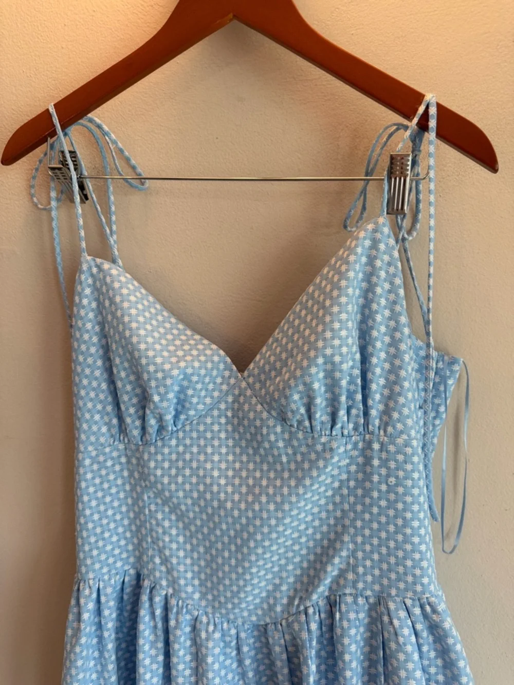 Lena Light Blue White Geometric Print Tie Strap Midi Dress XL Womens - Picture 2 of 6